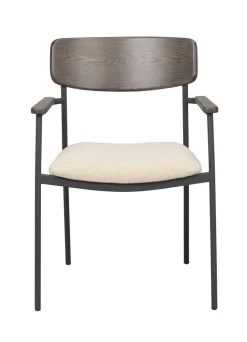Maymont (ruokatuoli käsinojilla, ruskea tammi selkänoja / beige kangas / musta metalli, pinottava)
