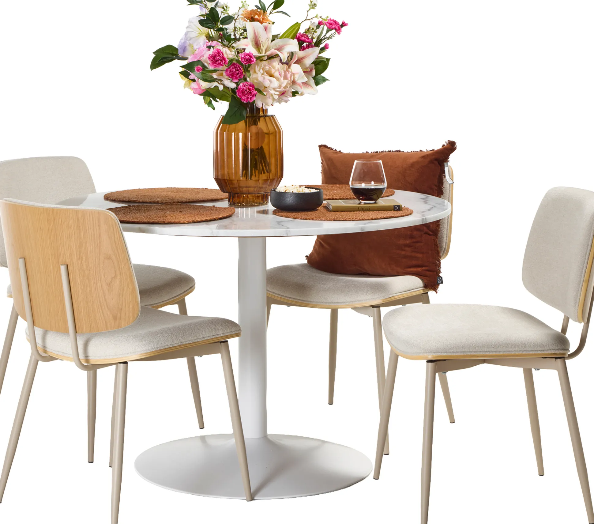 Tarifa & Owen (4-hengen ruokailuryhmä, valkoinen/beige 110cm)