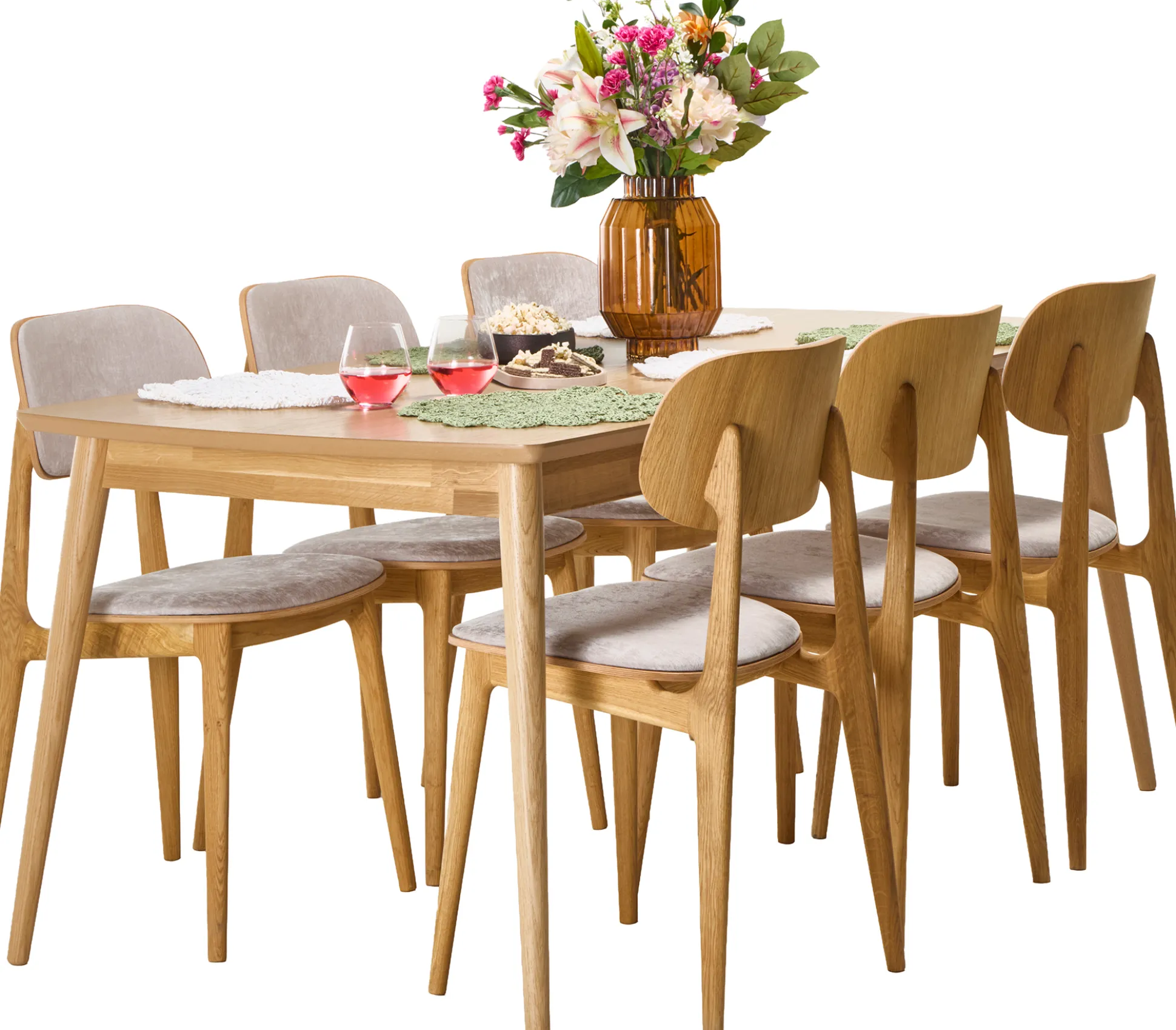 Venla & Starburst (6-hengen ruokailuryhmä, beige/tammi 180cm)