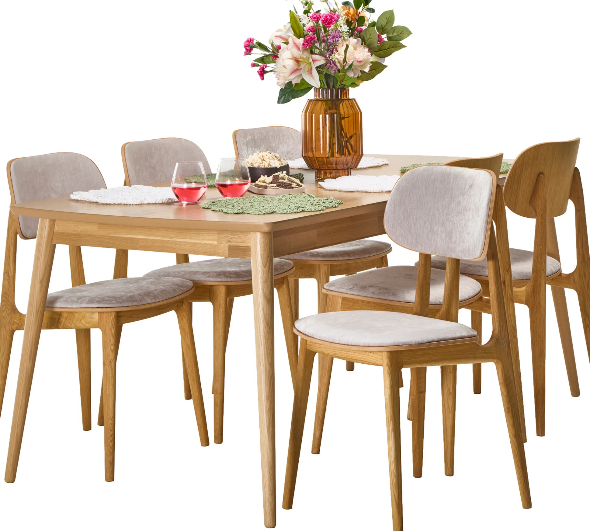 Venla & Starburst (6-hengen ruokailuryhmä, beige/tammi 180cm)